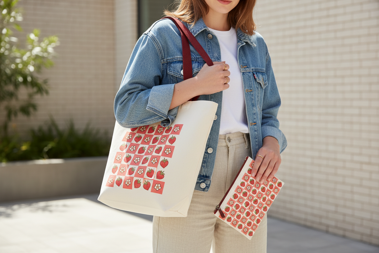 Tote bag with red pattern on a white background